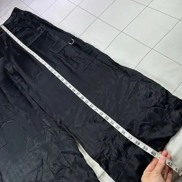 Anthropologie Pants Womens 12 Black Satin Wide Leg Cargo Edgy Contemporary Party - Picture 11 of 12